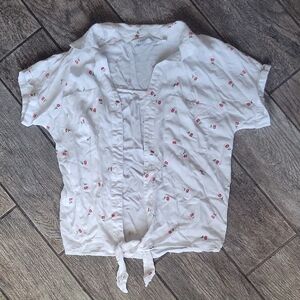 White Cherry Pattern Tie-Front Blouse